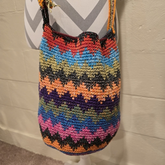 Crochet Bag Colorful Drawstring Bucket Hippie Boho Festival Travel Handmade Knit - Picture 3 of 9